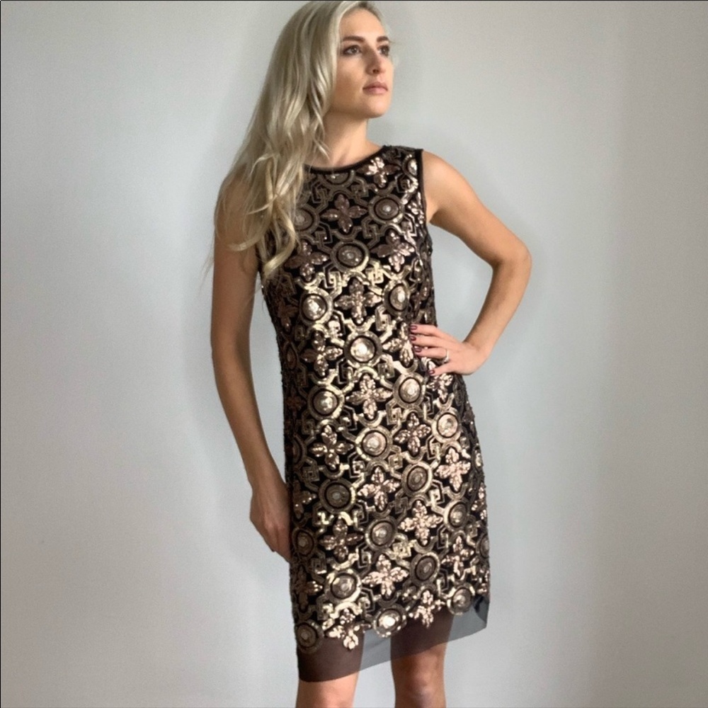 Chelsea & Violet black and gold sequin dress